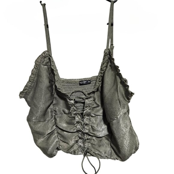 Shein Curve Olive Green Crop Top Womens Size 3XL Ruched Lace-Up Ruffled Tank Top - Picture 1 of 5